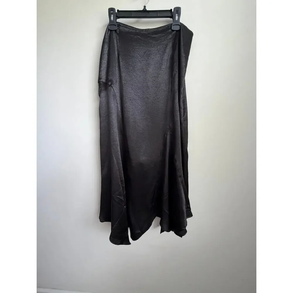 Free People Sunrise Satin Mid-Rise Asymmetrical Midi Skirt Black Womens Size 14